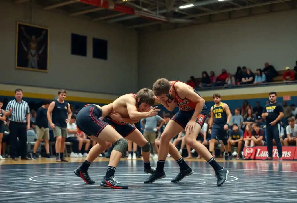 Wrestlers competing in a championship match at the PIAA 2A tournament.