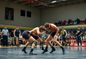Wrestlers competing in a championship match at the PIAA 2A tournament.