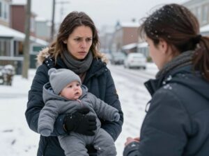 Mother shielding her infant child in a snowy area