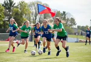 Female athletes playing flag football in a school setting