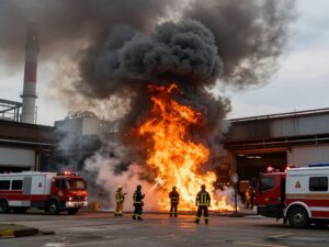 Firefighters responding to a fire at the American Custom Drying factory in Burlington Township