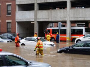 Flooded parking garage with submerged vehicles in Philadelphia