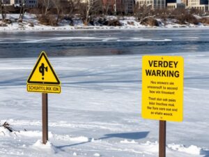 Icy landscape of Schuylkill River with safety warning signs