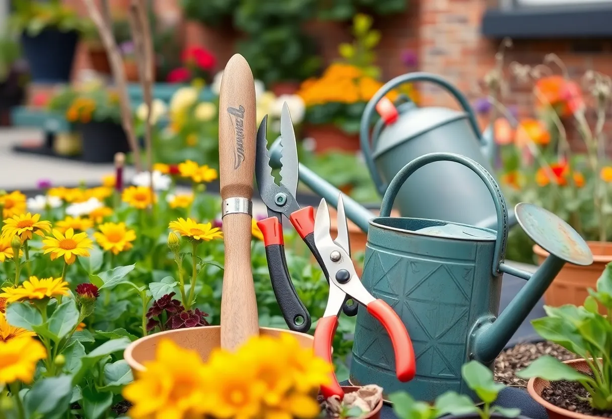 A collection of essential gardening tools for urban gardening in Philadelphia, including a trowel and pruning shears.