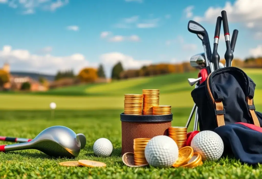 A variety of golf equipment displayed on a golf course
