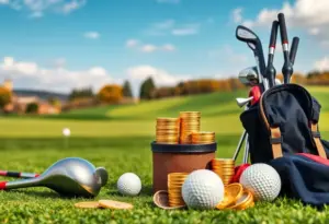 A variety of golf equipment displayed on a golf course