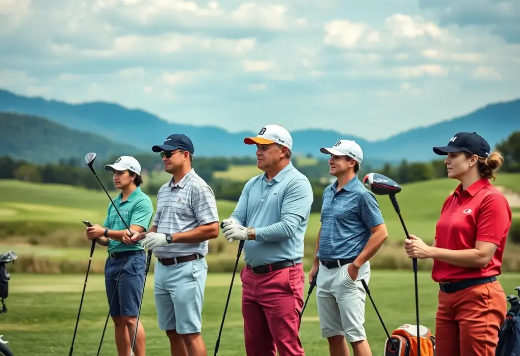A group of golfers testing clubs during a fitting session at a facility.