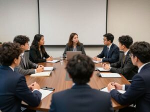 Graduate students and university officials discussing agreements.