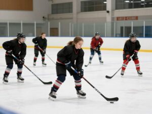Young girls of diverse backgrounds practicing hockey on the ice in Philadelphia