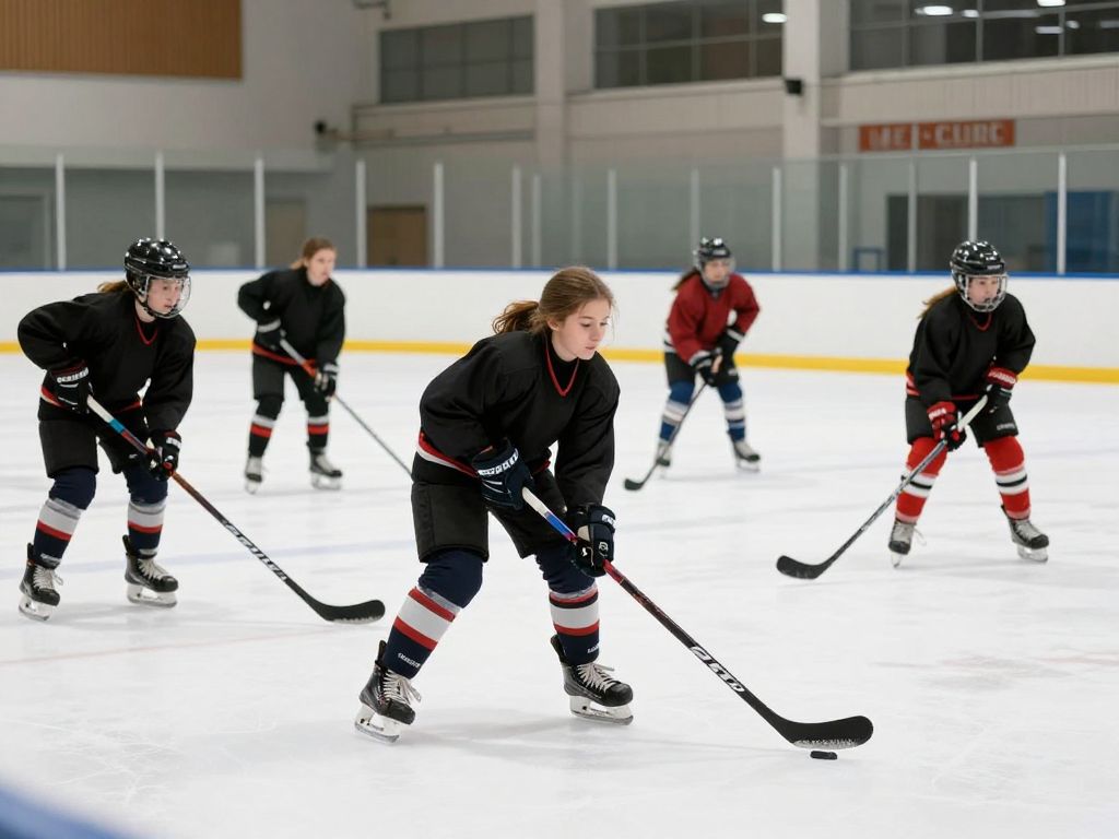 Young girls of diverse backgrounds practicing hockey on the ice in Philadelphia