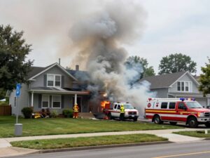 A house engulfed in flames during an arson incident.