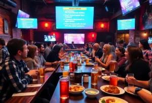 Groups competing in trivia at a bar during Jeopardy Bar League night.
