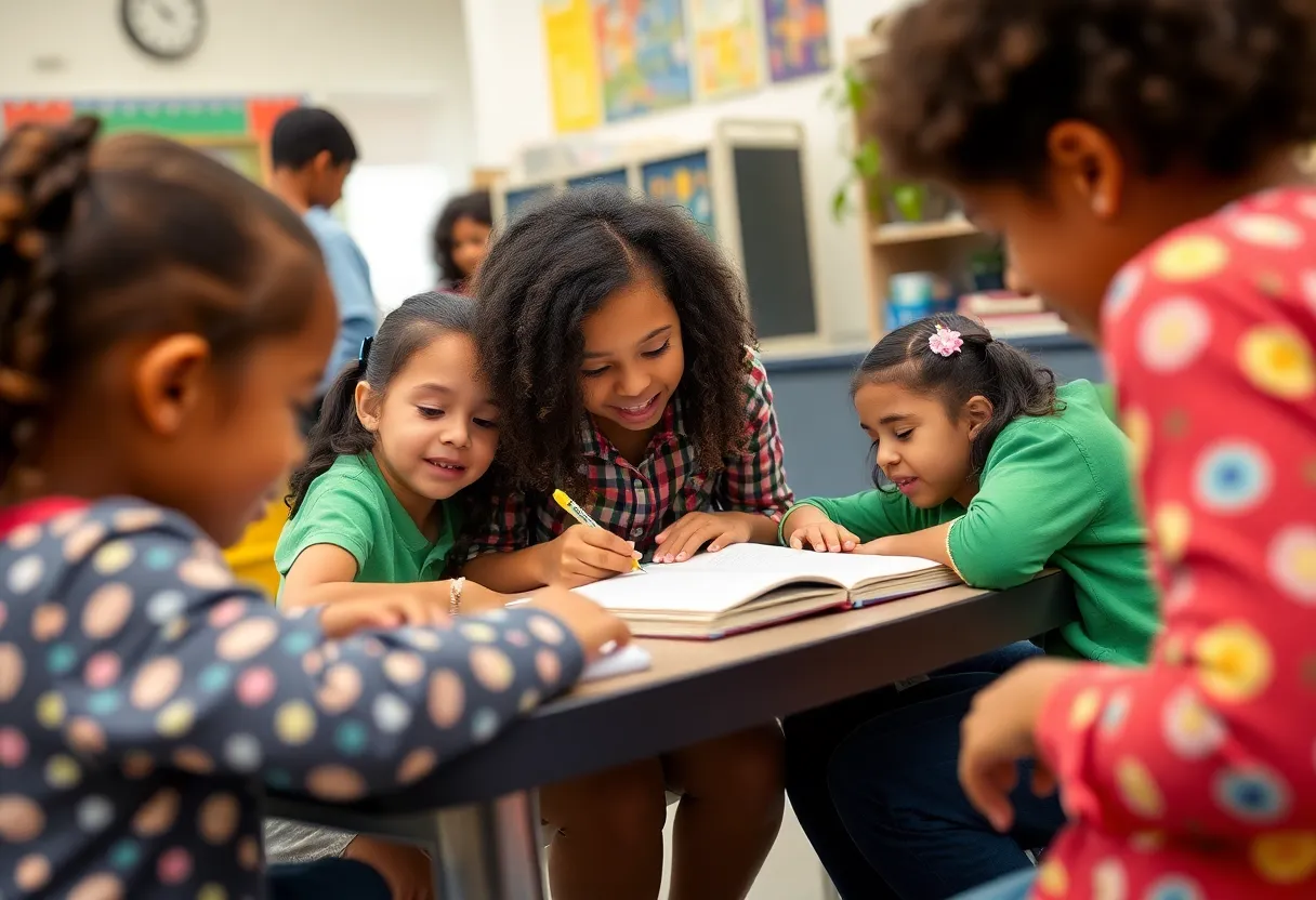 Exterior view of Julia R. Masterman Laboratory and Demonstration School with students and staff.
