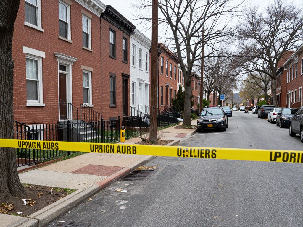 A quiet street in Mayfair neighborhood, Philadelphia, with police activity.