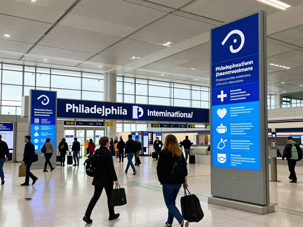 Philadelphia International Airport with health alert signage