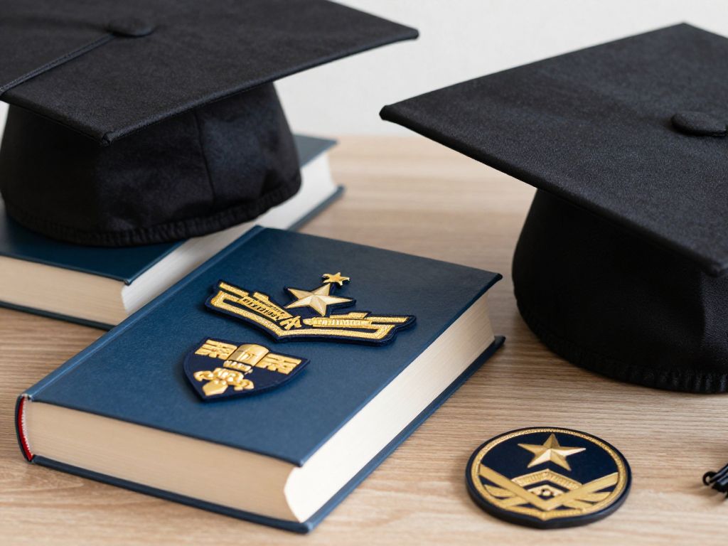 Symbolic representation of military education with books and graduation caps.