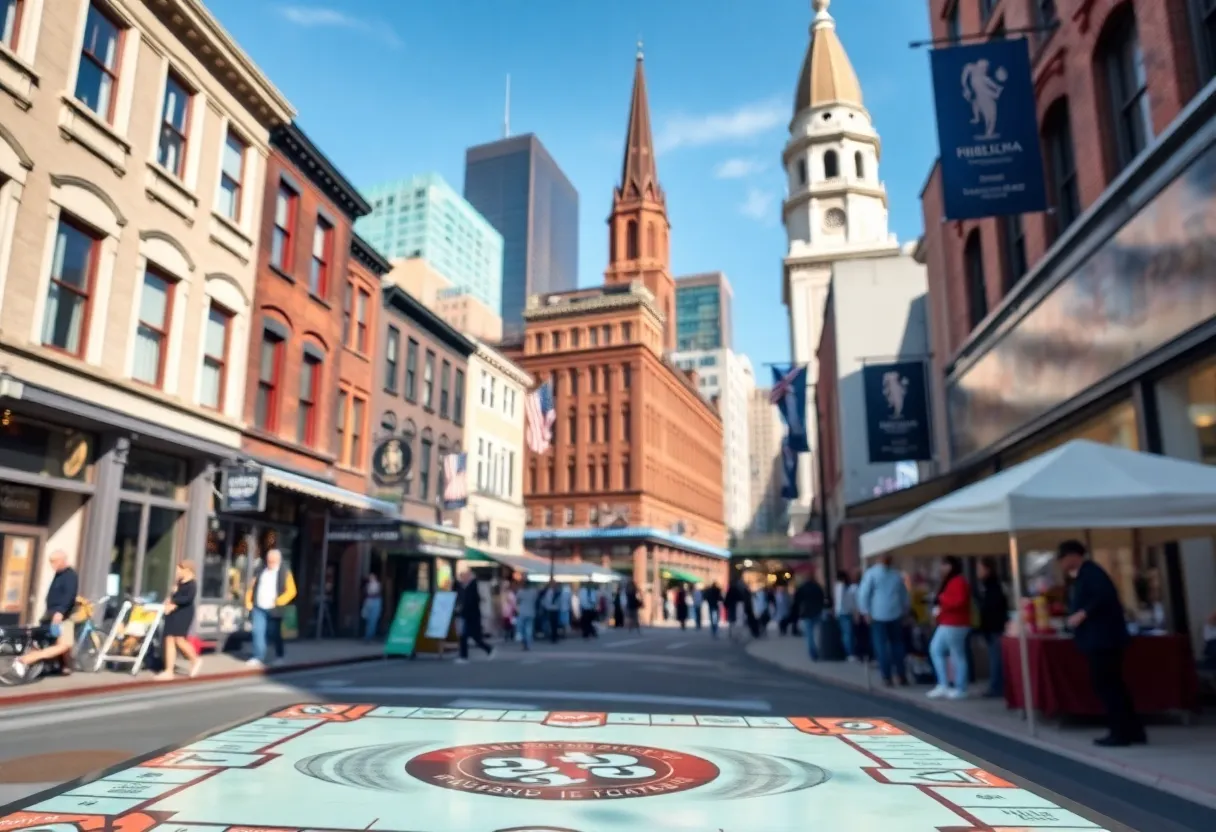 Philadelphia street scene showcasing local businesses and landmarks