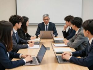 Negotiation scene between university officials and student union representatives