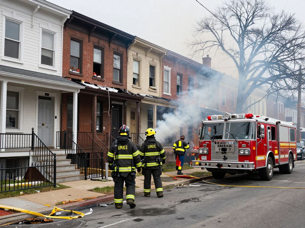 Damage to rowhomes in North Philadelphia after a fire.