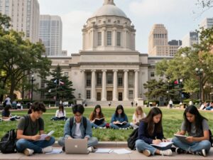 Campus scene at New York University with students.
