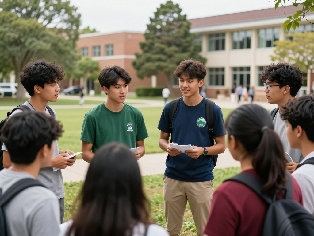 Students discussing climate action on a university campus