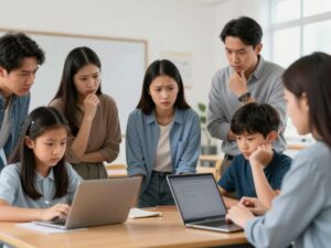 Parents discussing concerns over AI-generated images in a school meeting