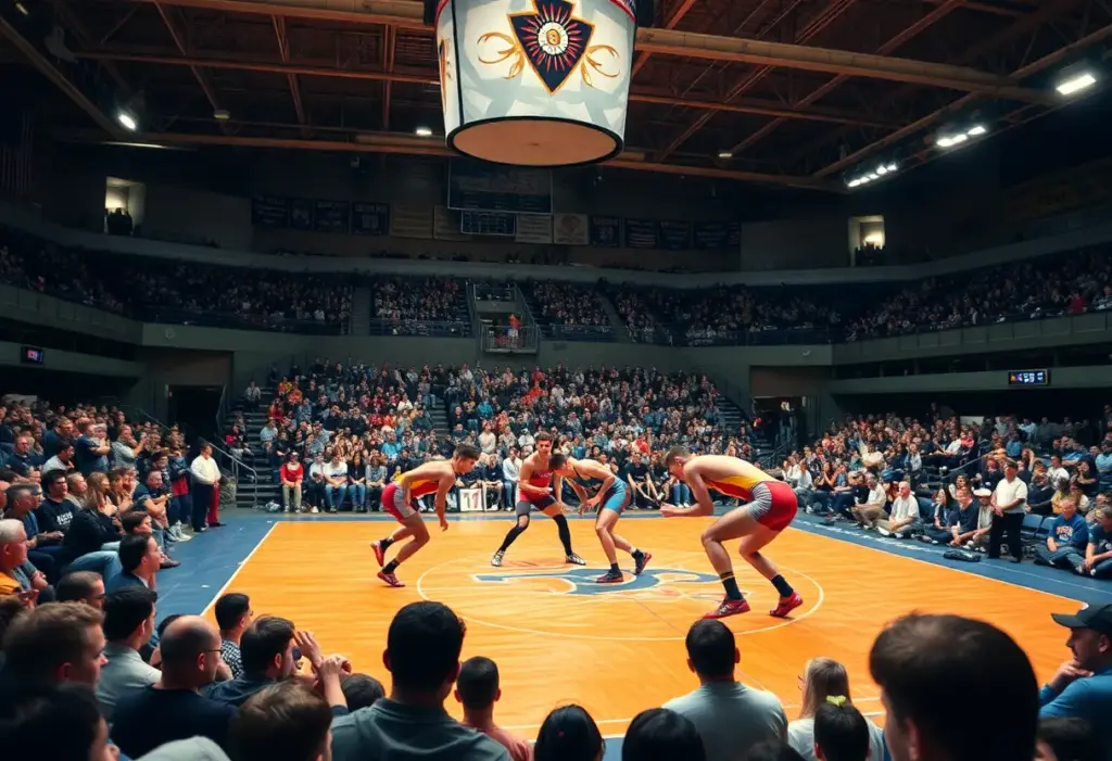Penn State wrestling team competing against Michigan in a dual meet