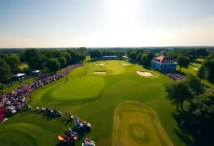 Aerial view of Aronimink Golf Club during the PGA Championship with spectators enjoying the event.