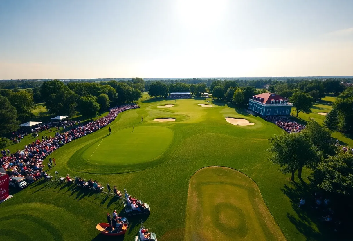 Aerial view of Aronimink Golf Club during the PGA Championship with spectators enjoying the event.