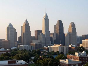 Philadelphia skyline under air quality alert with hazy sky