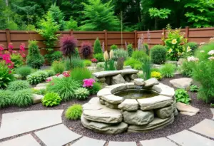 Beautifully landscaped backyard in Philadelphia with native plants and a water feature