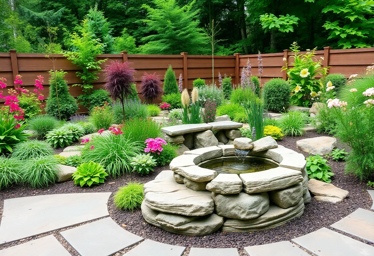 Beautifully landscaped backyard in Philadelphia with native plants and a water feature