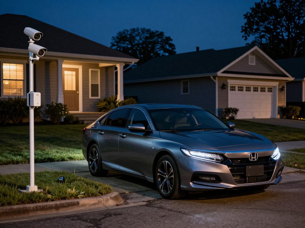 Suburban street with a parked Honda Accord and surveillance camera