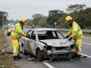 Burned car at the scene of a car crash on Street Road in Philadelphia