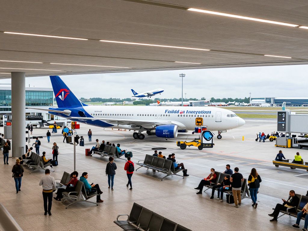 Dynamic scene at Philadelphia International Airport with busy travelers and aircraft.