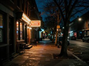 Night view of a Philadelphia street with bar lights