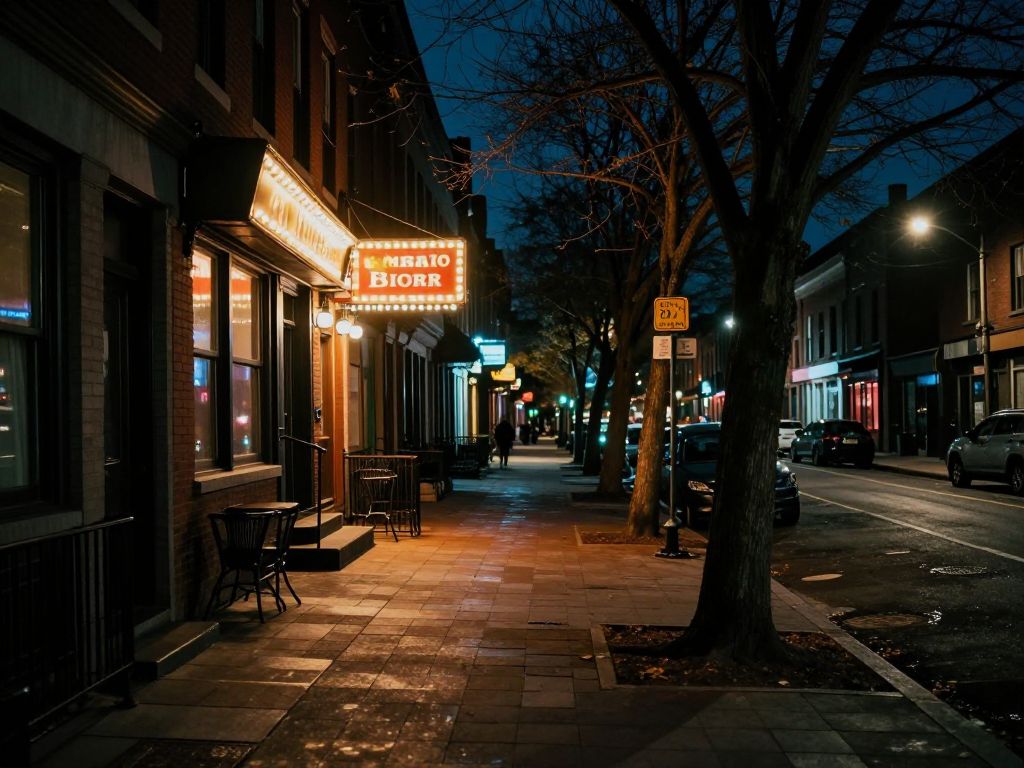 Night view of a Philadelphia street with bar lights