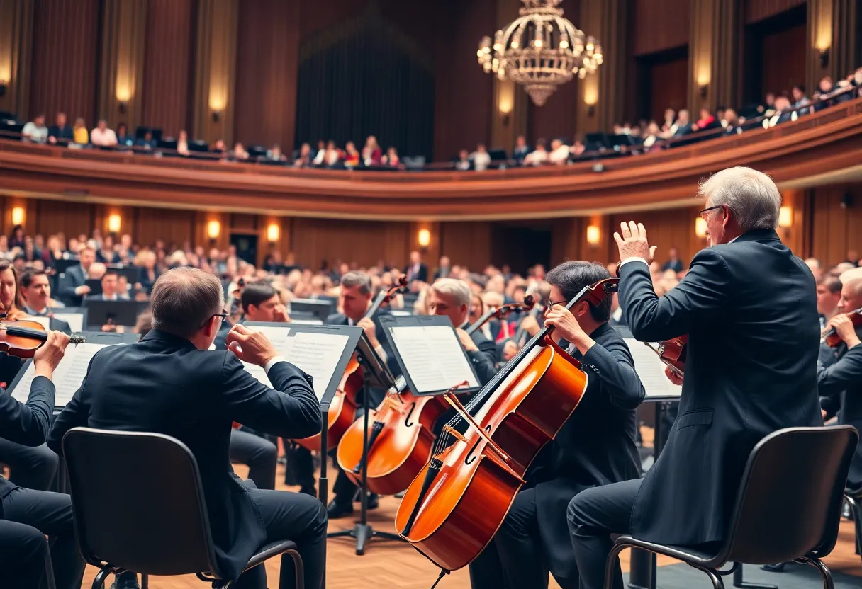 Performers in the Philadelphia Orchestra conducting a Tchaikovsky performance