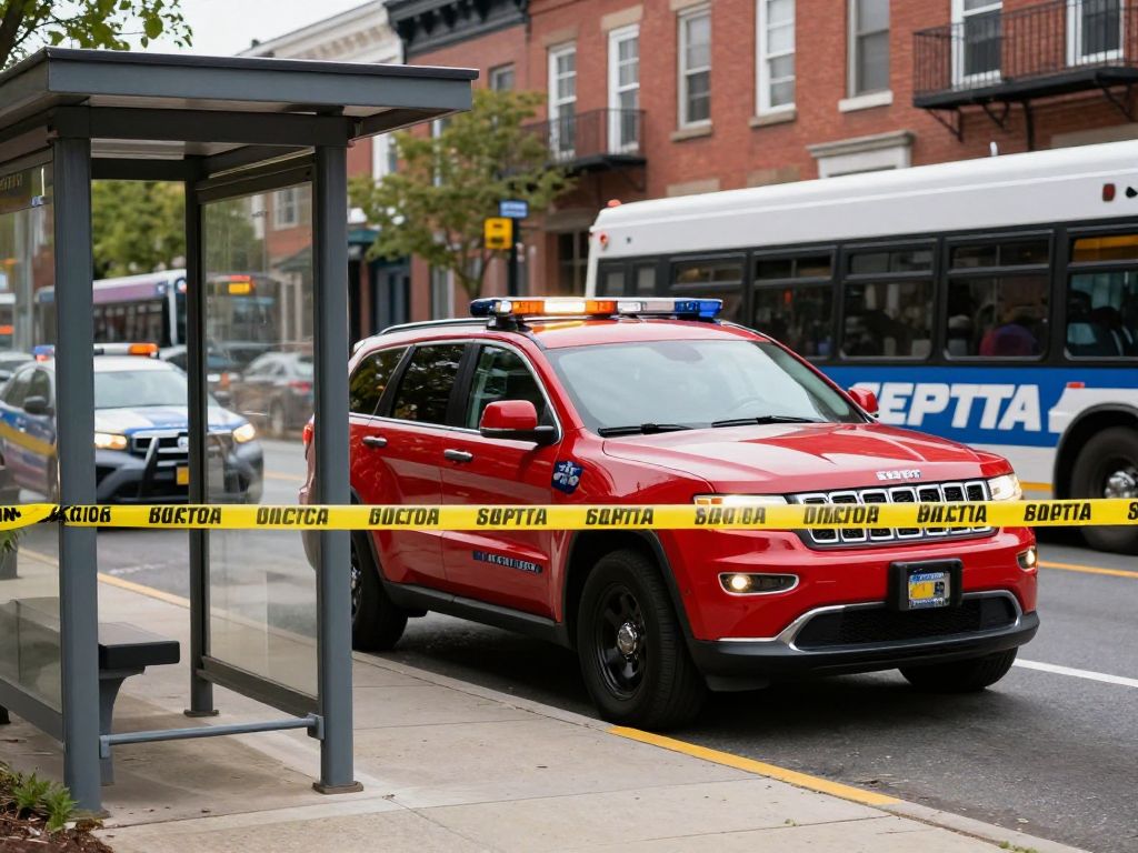 Police investigation scene at a SEPTA bus stop in Philadelphia's Oxford Circle.