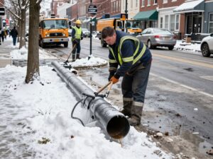 Snowy street in Philadelphia with visible water pipes and repair signs.