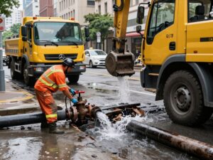 Water main break repair crew working on a Philadelphia street.
