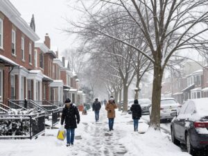 Snow falling in Philadelphia with residential areas in view.