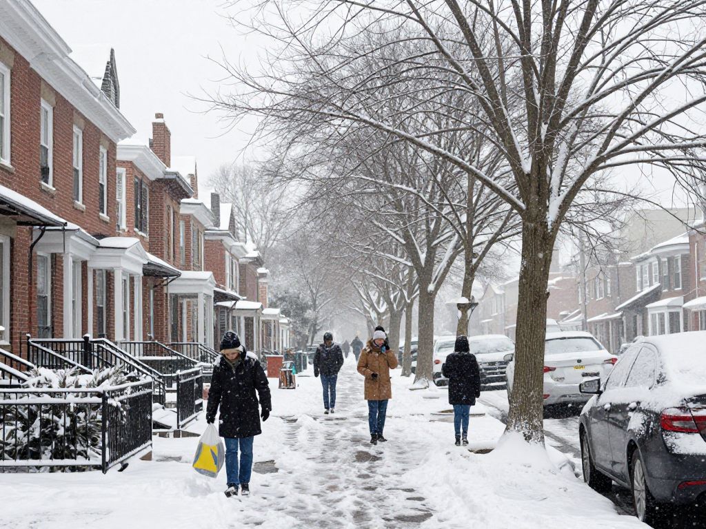Snow falling in Philadelphia with residential areas in view.