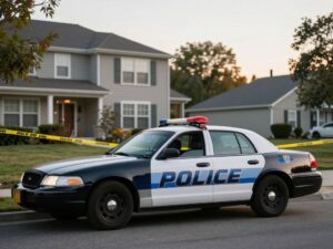 Police car at crime scene in Levittown