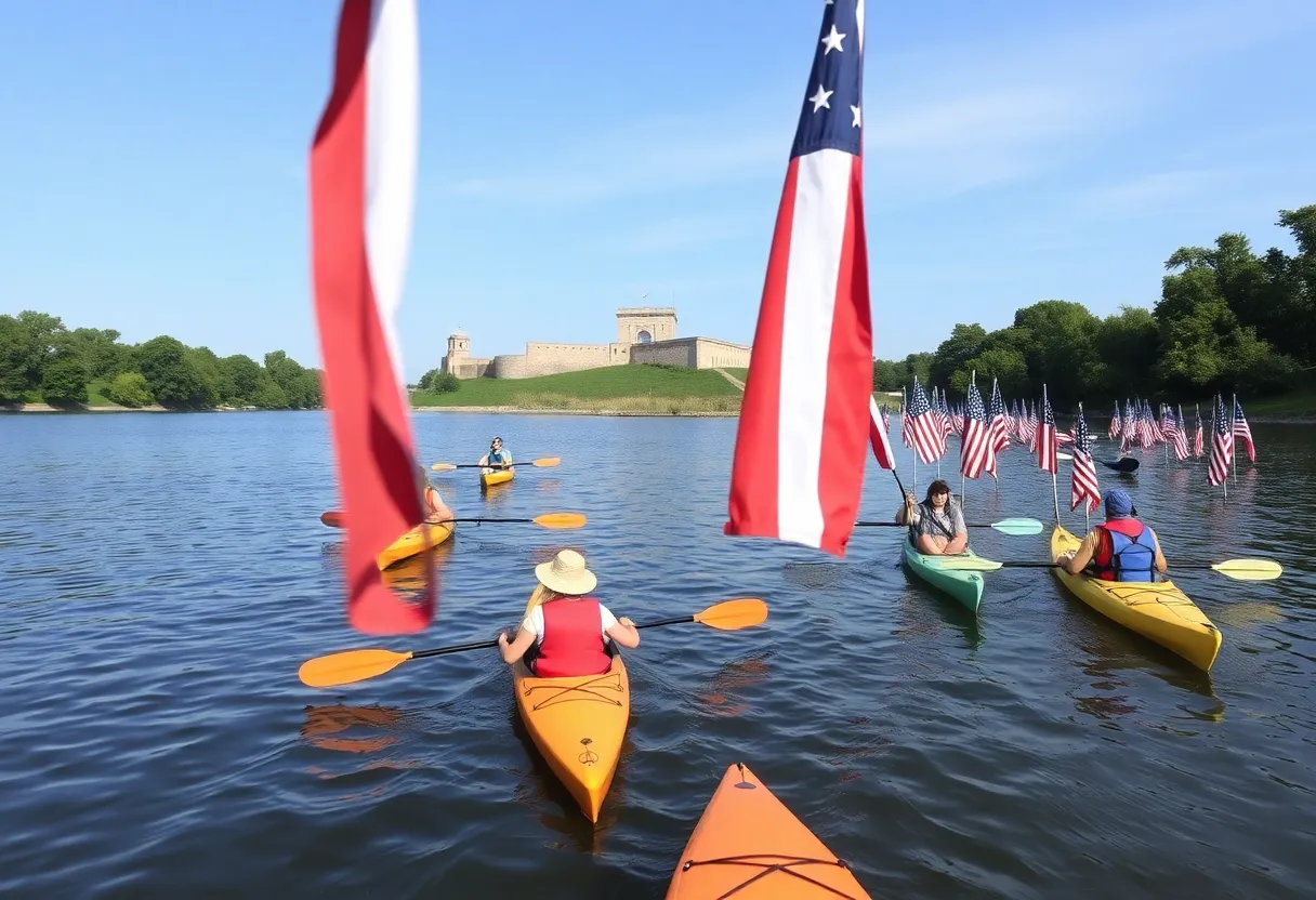 Participants kayaking on the Schuylkill River during the Philly Phlotilla with Fort Mifflin in the background.