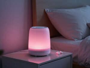 Bedroom scene illustrating the debate between using pink noise and earplugs for better sleep