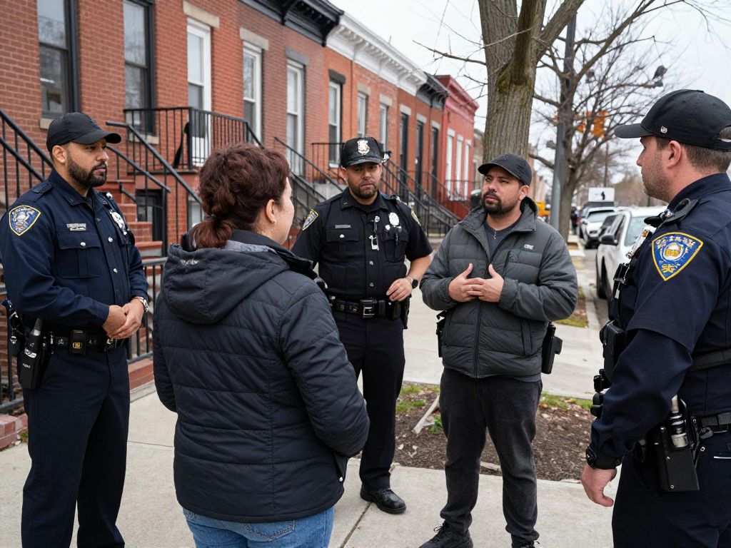 Police officers discussing crime safety with local residents in South Philadelphia.