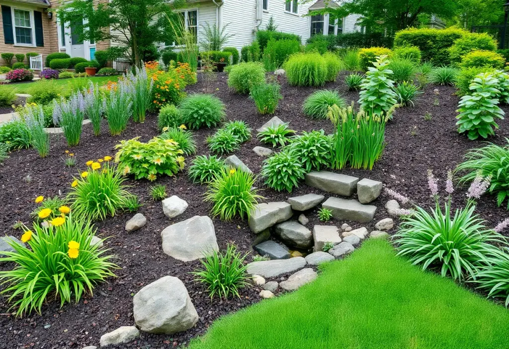 Rain garden with native plants and gentle slope in a Philadelphia neighborhood