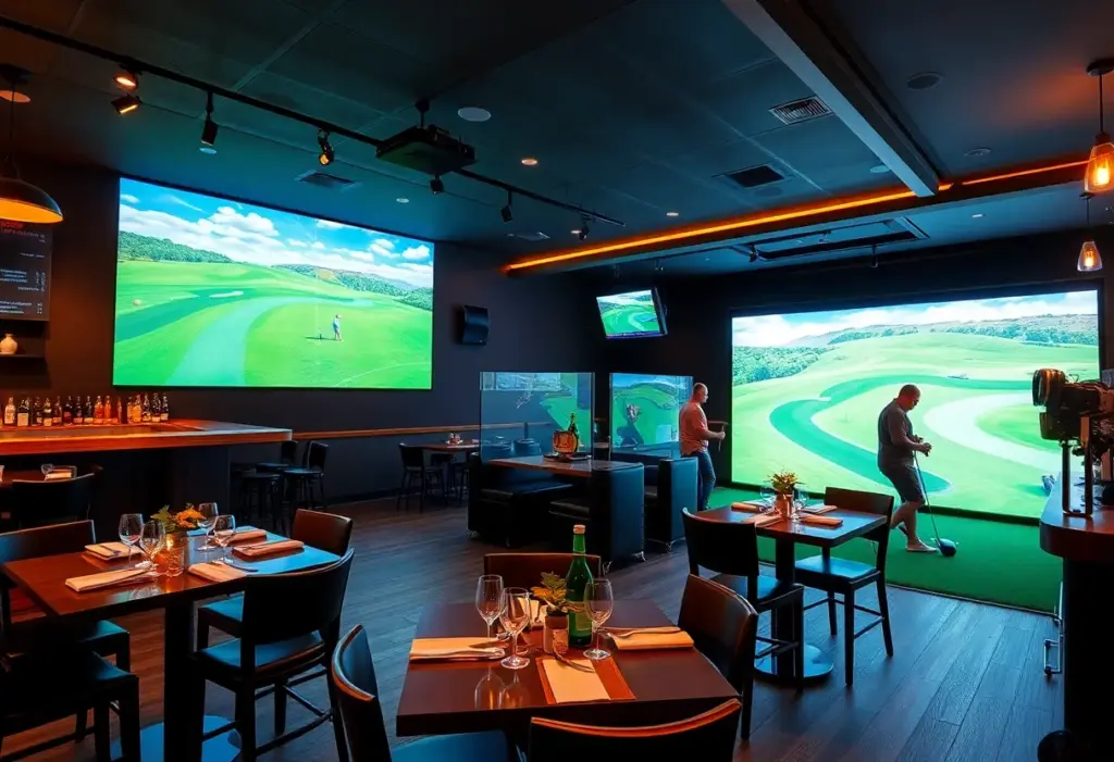 View of a modern simulated golf center with dining area