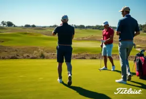 Golfers using Titleist clubs and balls on a vibrant golf course